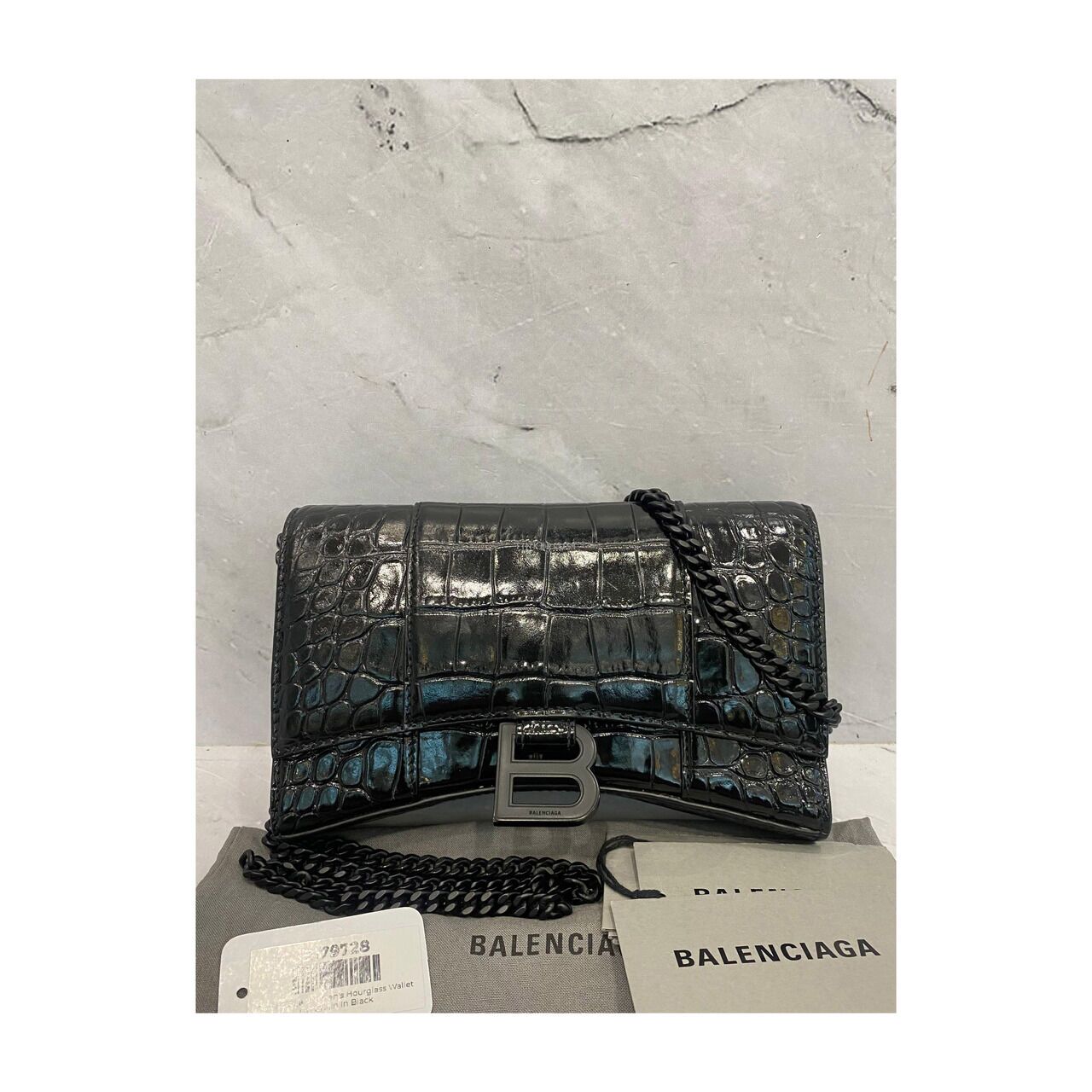 ●送料込●BALENCIAGA●HOURGLASS SLING BAG ショルダーバッグ tas sling-bag Balenciaga Hourglass WOC All Black Croco